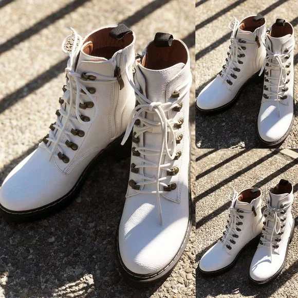 NEW White Faux Vegan Leather Laced Up Lug Sole Platform Ankle Combat Boots Shoes - Picture 12 of 12